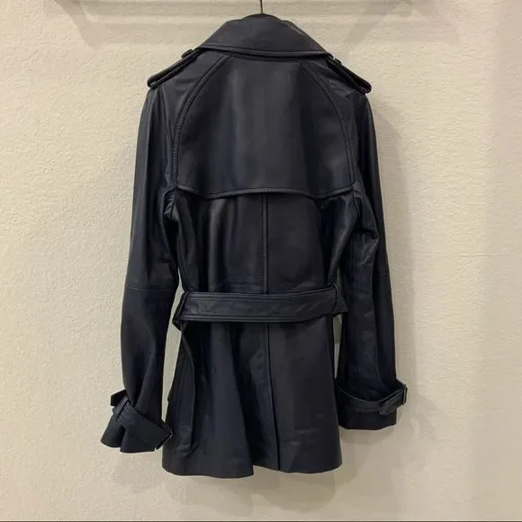 Coach F86122 Womens Lamb Leather Trench Coat Belted Lined Jacket Navy blue XS - Picture 5 of 7